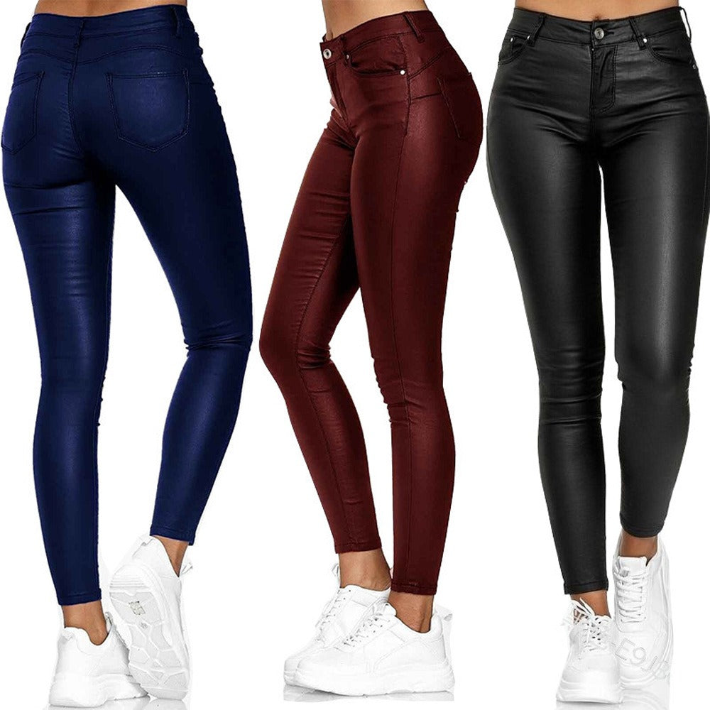 Fashionable high waisted leather pants