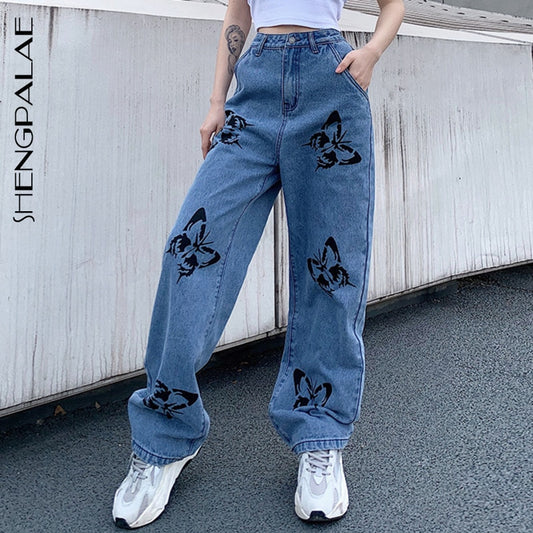 Vintage jeans loose streetwear butterfly