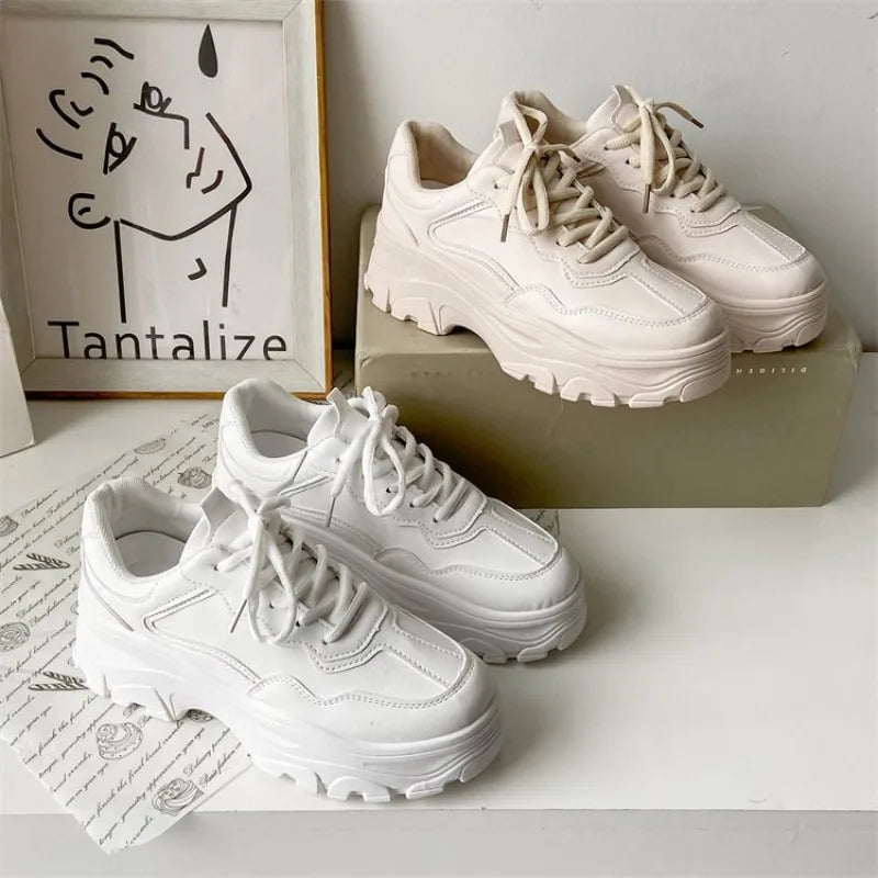 Women Leather Flat Shoes, White Sneakers