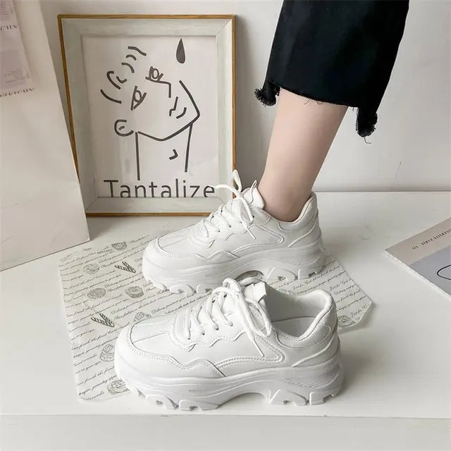 Women Leather Flat Shoes, White Sneakers