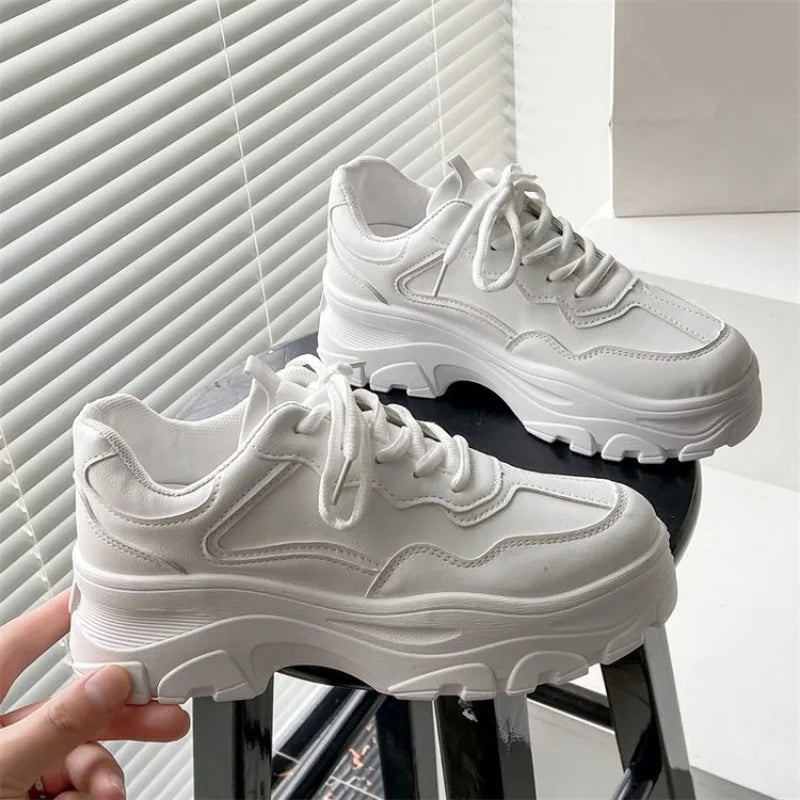 Women Leather Flat Shoes, White Sneakers