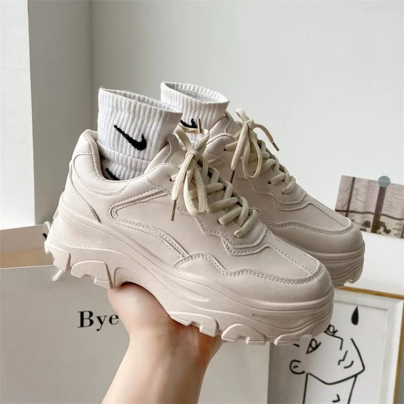 Women Leather Flat Shoes, White Sneakers